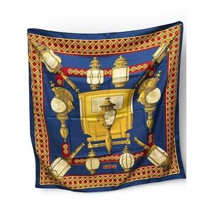 Hermès Feux de Route Silk Scarf Carré 90 Navy Red Gold Lantern Print 35" w Box